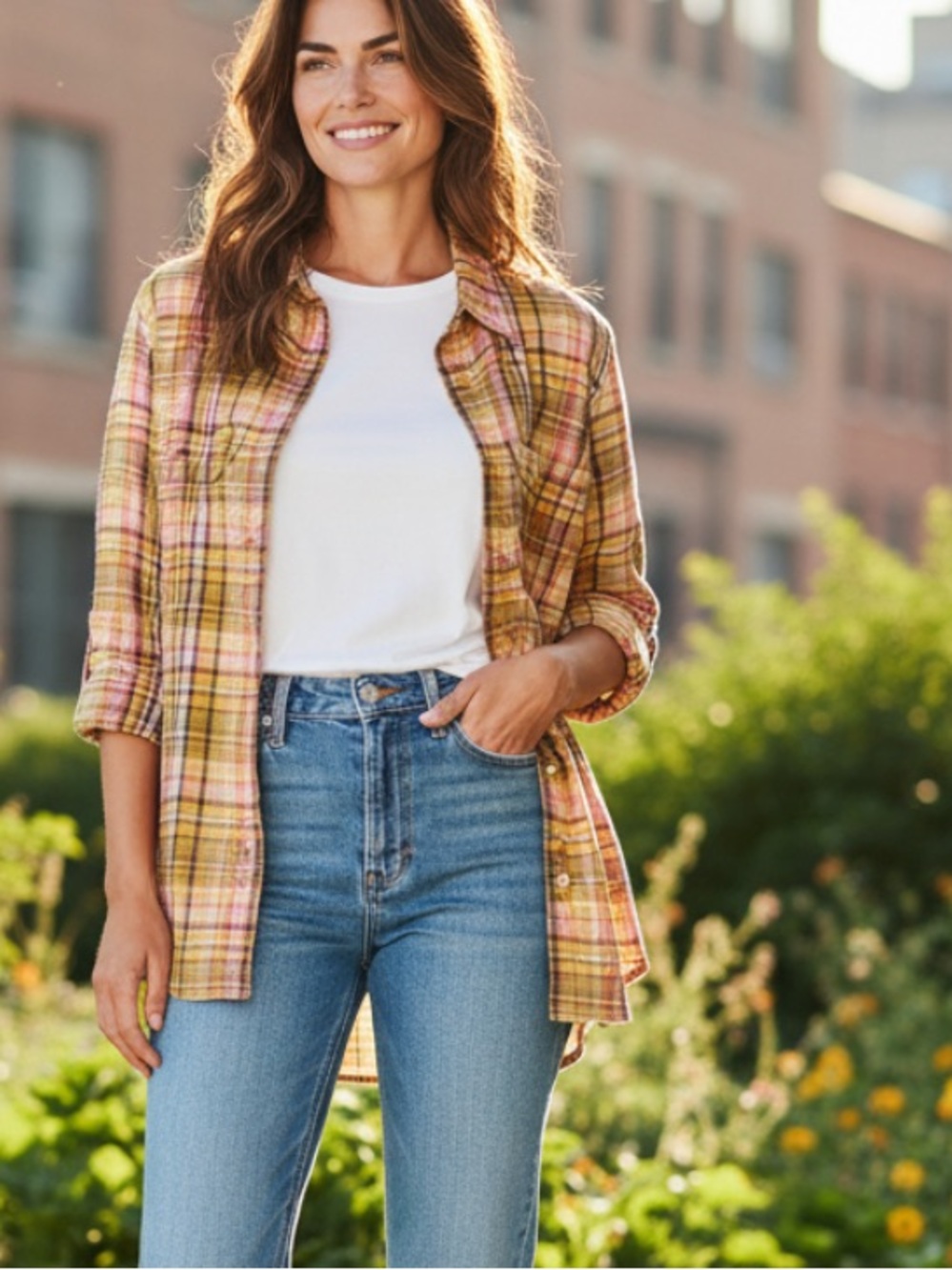 St. John’s Bay Yellow Plaid Button-Down Shirt with Pink and Green Accents
